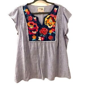 Savanna Jane Embroidered Boho Blouse Women’s 2X Floral Top Stripe Tunic
